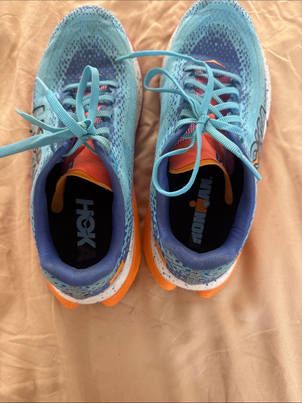 Hoka Ironman Blue Teal Running Shoes with Orange Accents and Pink Details - Picture 2 of 7